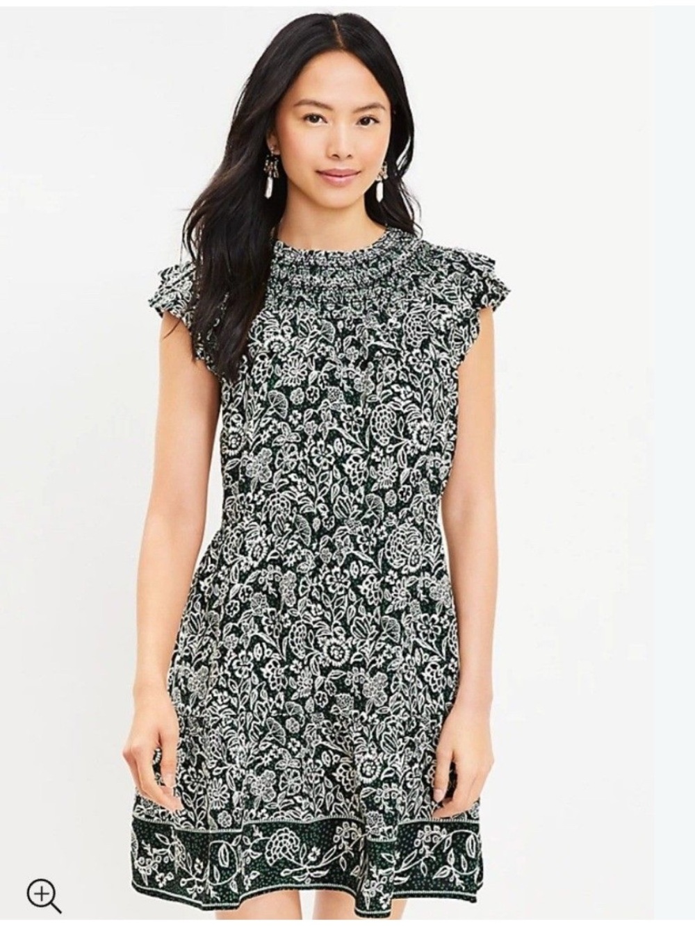 LOFT Black & White Floral Smocked Neck Mini Dress